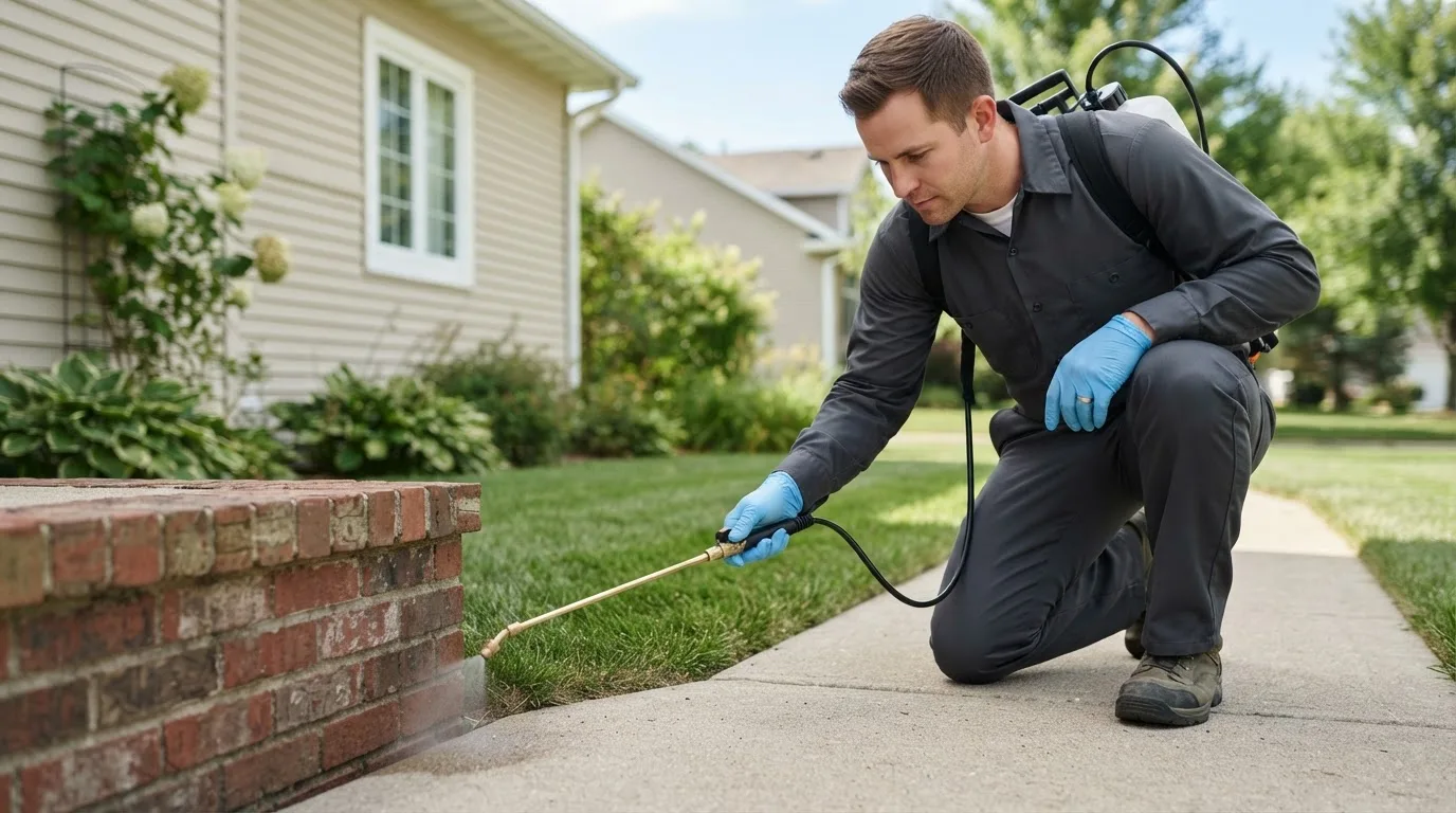 Pest control technician treating a home near Richards, TX